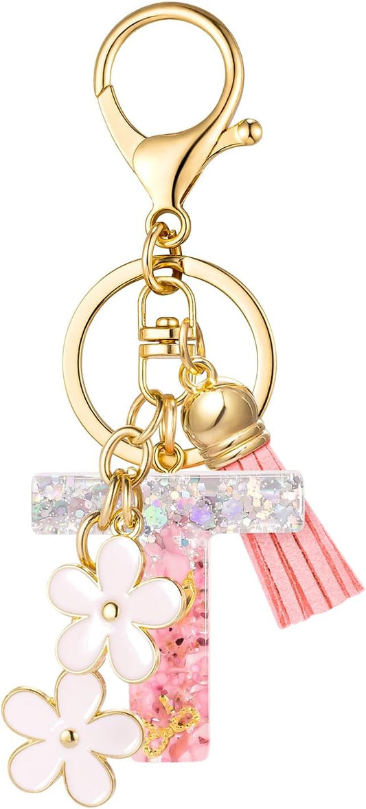 SELOVO Girls Pink Flower Chain Cute Keychain Initial Keychain Key Chain for Women
