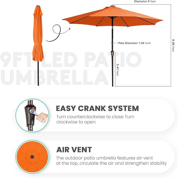 JEAREY 9' Patio Umbrella with Solar Lights, LED Umbrella, Tilt & Crank UV - Image 5