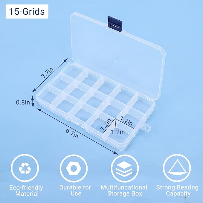 Rhinestone Organizer for Nails, 4PCS Cosics 15-Grid Clear Plastic Acrylic Nail Organizers & Storage Case with Movable Dividers, Empty Jewelry Nail Art Storage Containers Holder, Beading Box with Lids
