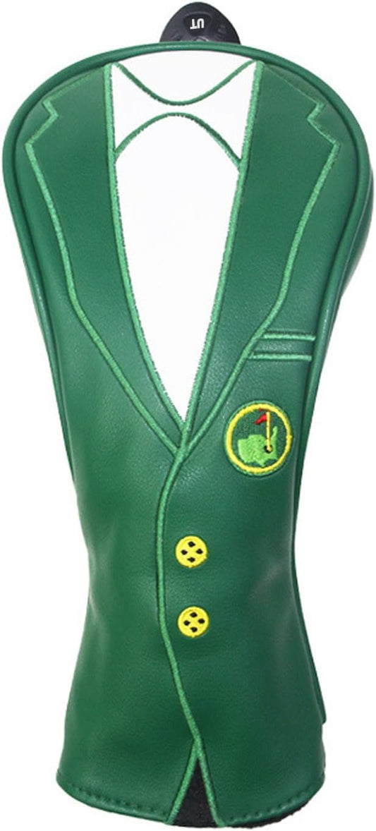 Green Jacket Golf Club Covers, PU Leather Elastic Neckline Golf Head Covers Soft Thick Lining Rainproof Sunscreen Hybrid Head Cover for 1/3/5/UT Wood Golf Club, Machine Washable