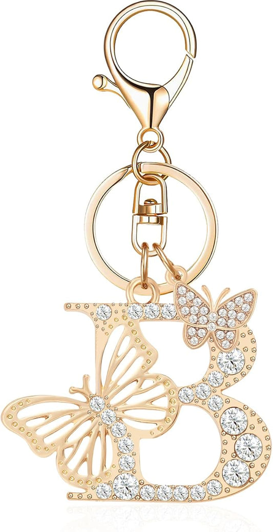 Gold Plated Alphabet Initial Letter Keyring Keychain for Women Girls Crystal Key Chains for Wallet Backpack Bag Charm