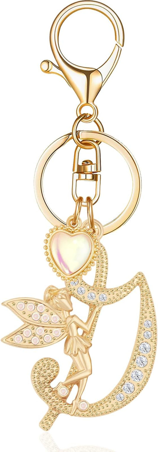 Gold Plated Alphabet Initial Letter Keyring Keychain for Women Girls Crystal Key Chains for Wallet Backpack Bag Charm