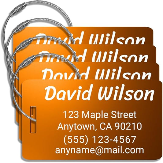 Personalized Luggage Tags for Suitcases 4 Pack – Custom Metal Name Tag for Travel, Golf Bag, and Baggage – Durable Aluminum Luggage Name Tags (Copper Sunset, Horizontal)