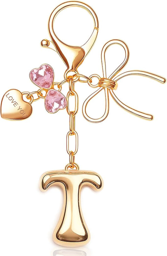 Gold Bubble Initial Keychain with Bow Decoration Bag Charms for Women, Cute Purse Handbag Accessories Gift
