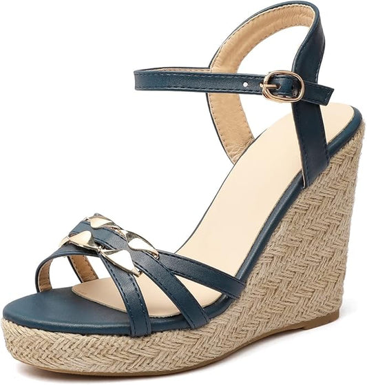 VOKLIN Women's Casual Espadrilles Wedge Sandals Open Toe Ankle Strap Metallic Chunky Platform Dressy Sandal