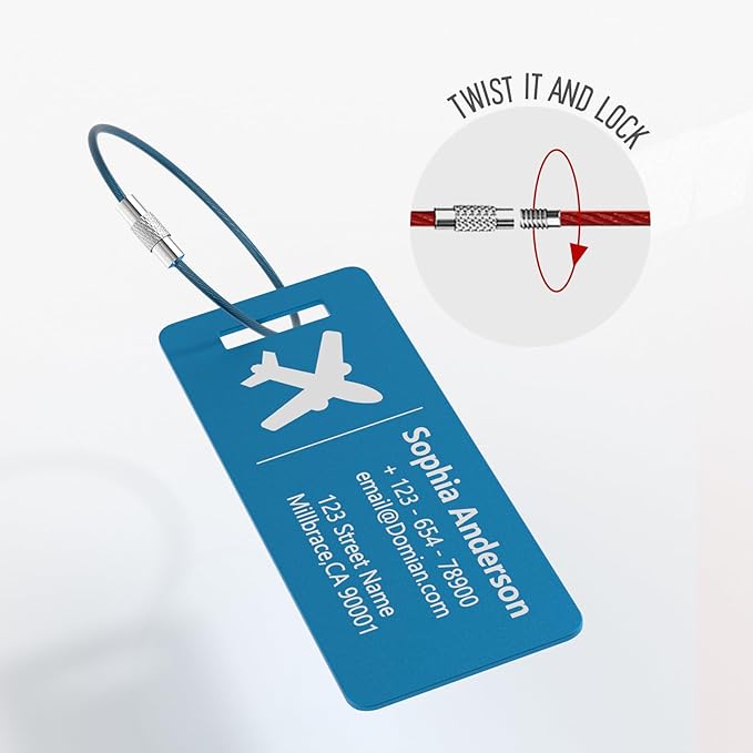 4 Pack Personalized Luggage Tags, Custom Engraved Aluminum Luggage Tags with Your Personalized Text, Waterproof Metal Name Tags with Steel Loop for Bags, Suitcase, Baggage, Backpack (Blue, Small)