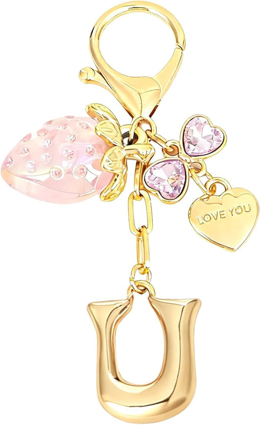 Snycler Bubble Initial Keychain with Strawberry & Bow- Gold Letter Bag Charms for Women, Cute Purse Handbag Accessories