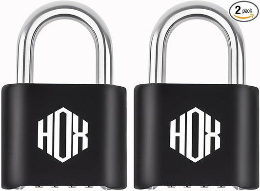 HOX 4 Digit Combination Lock, Outdoor Padlock - Heavy Duty Locker Lock with Hardened Steel Shackle, Waterproof Combo Lock for Gym Locker, Hasp Storage, Shed, Fence (Black, 2 Pack)