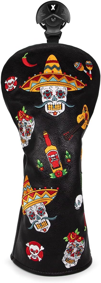 Golf Club Headcover for Drivers, Fairway Woods, Hybrids, and Mallet Blade Putter Sugar Skull Style Premium Leather Golf Headcovers Set with Interchangeable No. Tags
