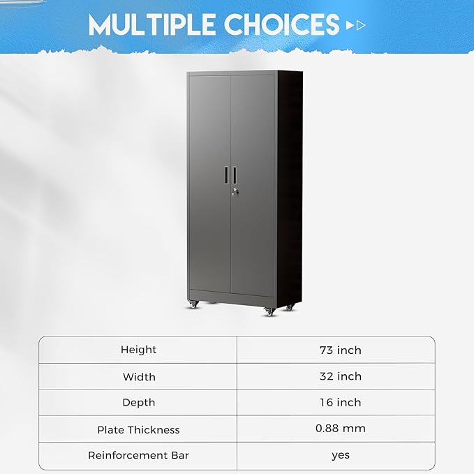 Greenvelly Metal Storage Cabinet with Wheels, 73" H Garage Storage Cabinet with 4 Adjustable Shelves and Locking Doors, Garage Rolling Storage Cabinets for Home, Warehouse, Garage, Black