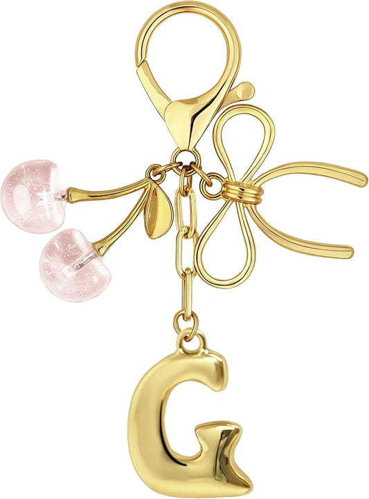 Gold Bubble Heart, Cherry, Bow & More Designs Letter Initial Keychain Bag Charms – Cute Purse Charms for Handbags