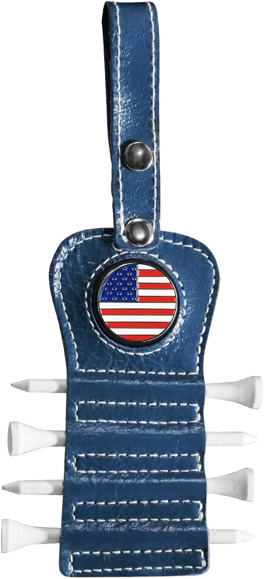 Golf Tee Holder with USA Ball Marker 4 Pcs White Wood Tees, Portable Hold Different Tee Leather Gift Hook Hanging Clip to Golf Bag Belt