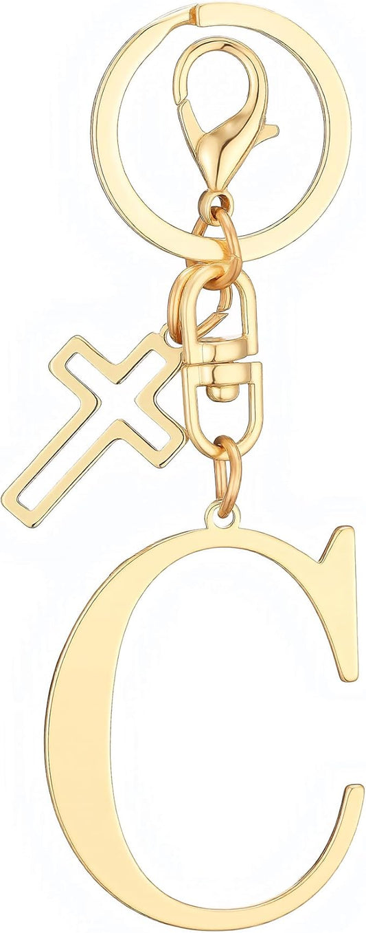Gold Initial Keychain for Women A-Z Letter Cross Keychains Alphabet Key Chain bag Accessories Gift for Christian