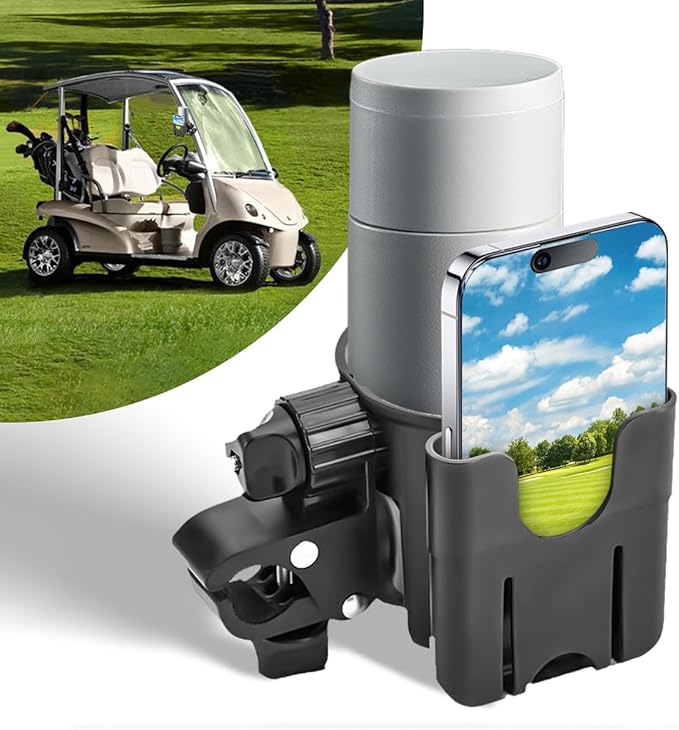 Golf Cart Cup Holders, Universal 2-in-1 Mug Phone Holder, Mount Compatible with EZGO/Club Car/Yamaha, 360° Swivel with Silicone Protective Pad, Bike, Wheelchair, Walker, Scooter