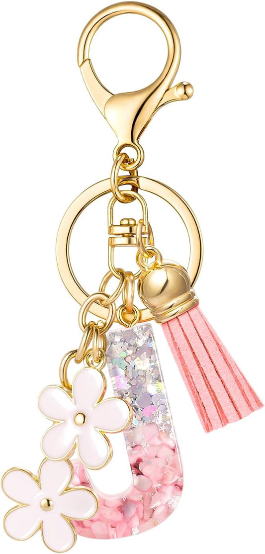 SELOVO Girls Pink Flower Chain Cute Keychain Initial Keychain Key Chain for Women