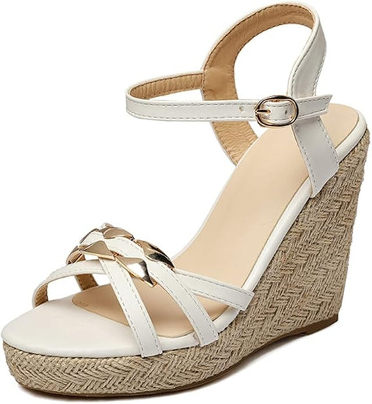VOKLIN Women's Casual Espadrilles Wedge Sandals Open Toe Ankle Strap Metallic Chunky Platform Dressy Sandal