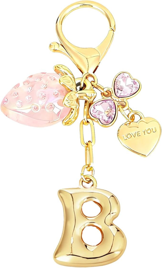 Snycler Bubble Initial Keychain with Strawberry & Bow- Gold Letter Bag Charms for Women, Cute Purse Handbag Accessories