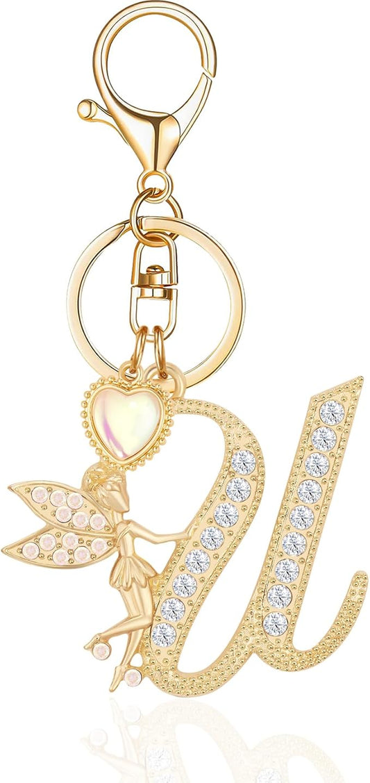 Gold Plated Alphabet Initial Letter Keyring Keychain for Women Girls Crystal Key Chains for Wallet Backpack Bag Charm