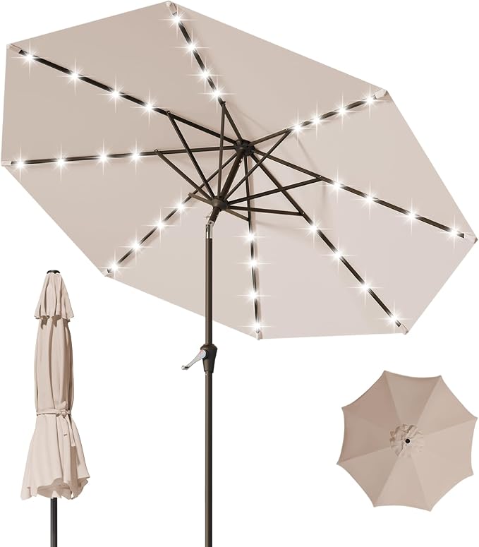 9FT Patio Umbrella with Solar Lights, Outdoor Market Umbrella with Tilt and by YourPerfectOutdoorEscape