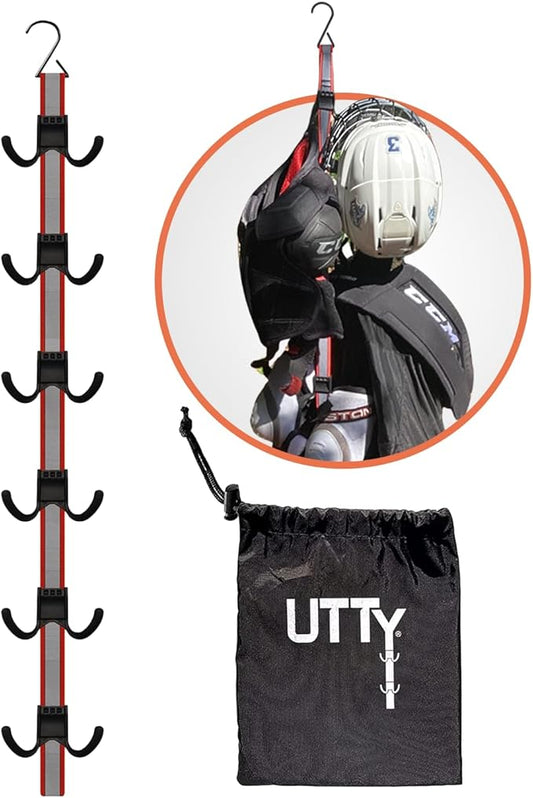 UTTY Hanging Multipurpose Portable Hockey Gear Drying Rack - Durable Gear Keeper & Sports Equipment Organizer - 6 Durable Adjustable Hooks, Support Light to Heavy Weight for Home, Travel & Outdoor Use