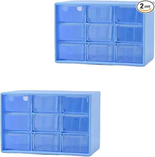 Feadily 2PCS Small Drawer Organizer for Desk, Desktop Drawer Organizer with 9 Clear Drawers, Plastic Desktop Storage Drawers 7.1 Inch x 3 .9 Inch x 4.7 Inch, Blue