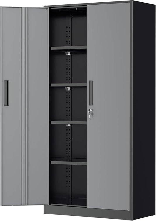 Greenvelly Metal Garage Storage Cabinet with Lock, 72”Metal Storage Cabinet with 2 Doors and 4 Adjustable Shelves, Steel Tool Cabinet for Garage,Home Office, School,Gym (Black Grey)