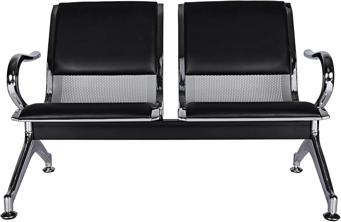 2-Seat Waiting Room Chairs - Waiting Room Bench with Arms Airport Reception Bench Guest Reception PU Leather Lobby Bench Waiting Area Chairs for Market Bank Hospital School, Black