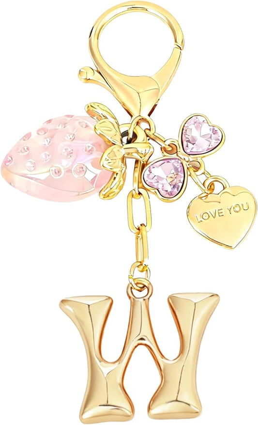 Snycler Bubble Initial Keychain with Strawberry & Bow- Gold Letter Bag Charms for Women, Cute Purse Handbag Accessories