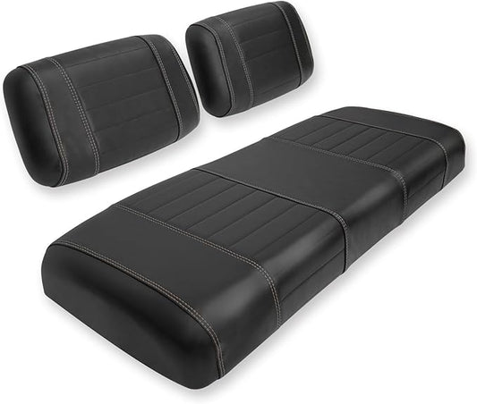 Golf Cart Seat Covers fits Club Car Precedent/DS/EZGO RXV/TXT/Yamaha Front Rear Seat Cushion，Black Leather Custom Stripe Soft Comfortable/Anti-Scratch/Easy to Clean