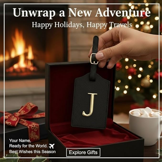 Personalized Initial Letter Luggage Tag for Suitcases PU Leather Baggage ID Tag with Metal Alphabet,Travel Accessory for Backpacks, Bags and Gift for Travelers (Black/Gold-Letter, J)