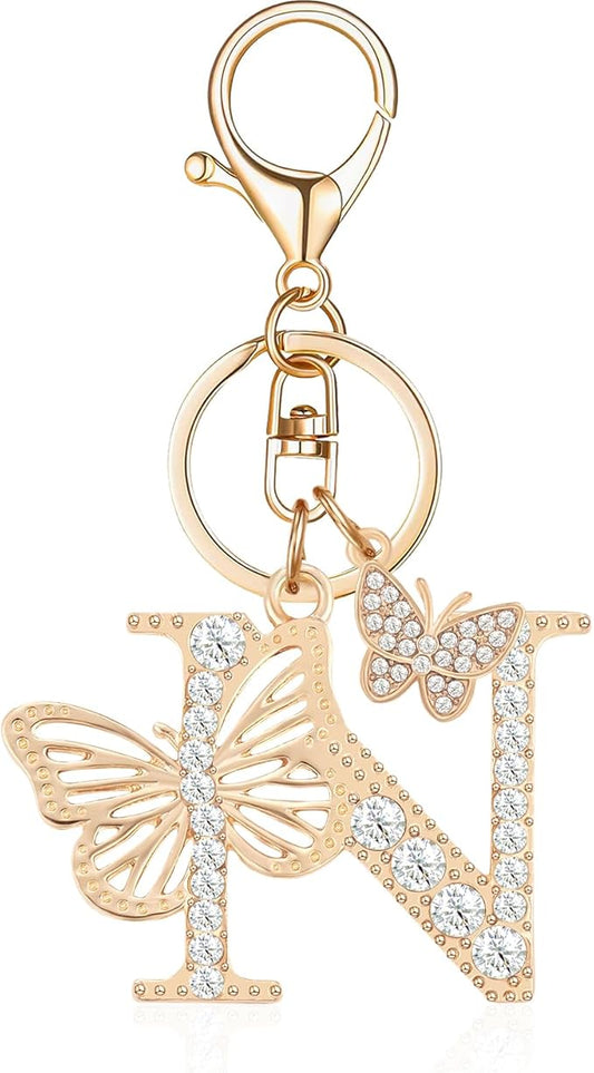 Gold Plated Alphabet Initial Letter Keyring Keychain for Women Girls Crystal Key Chains for Wallet Backpack Bag Charm