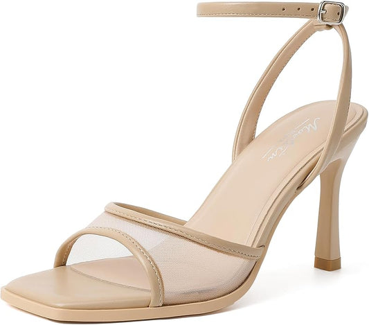 Mostrin Strappy Heels for Women Square Open Toe Lace Up Heeled Sandals Ankle Strap Sexy Stiletto High Heels for Party, Prom, Dating, Wedding