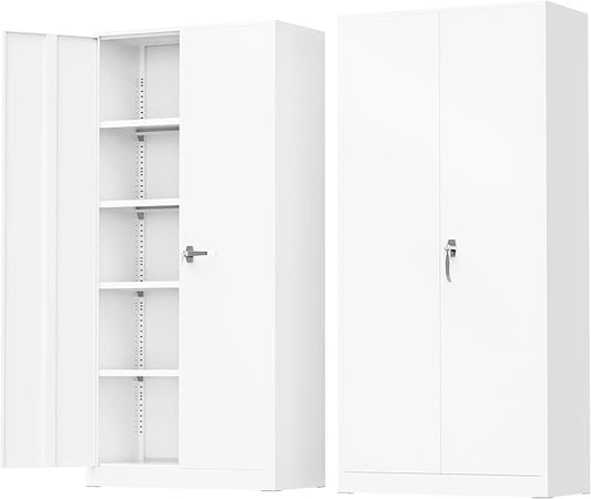 Greenvelly Metal Storage Cabinet - 72" Steel White Cabinet with 2 Doors and 4 Adjustable Shelves, Lockable - Perfect for Garage, Home Office, Pantry