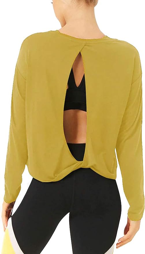 Bestisun Long Sleeve Workout Shirts Yoga Dance Tops Open Back Athletic Clothes for Women