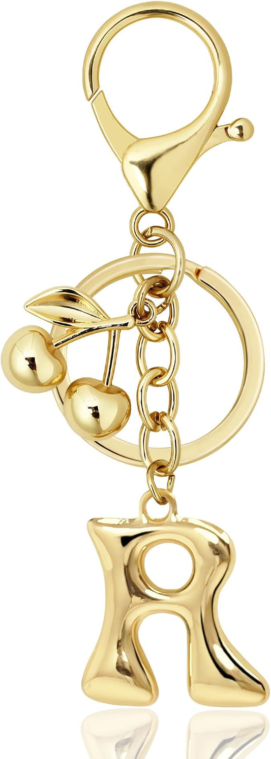 Gold Bubble Heart, Cherry, Bow & More Designs Letter Initial Keychain Bag Charms – Cute Purse Charms for Handbags