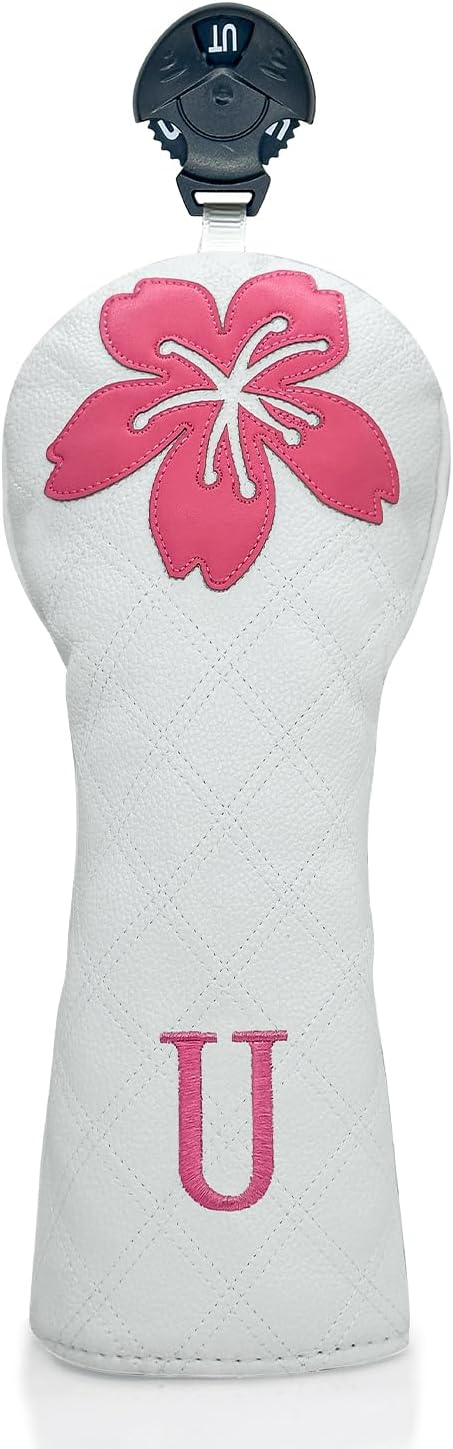 Grid Cherry Blossom Design Golf Covers PU Headcovers Set Fits Driver Fairway Wood Hybrid Utility Woods Iron Wedge Headcover, Premium Leather Golf Headcovers