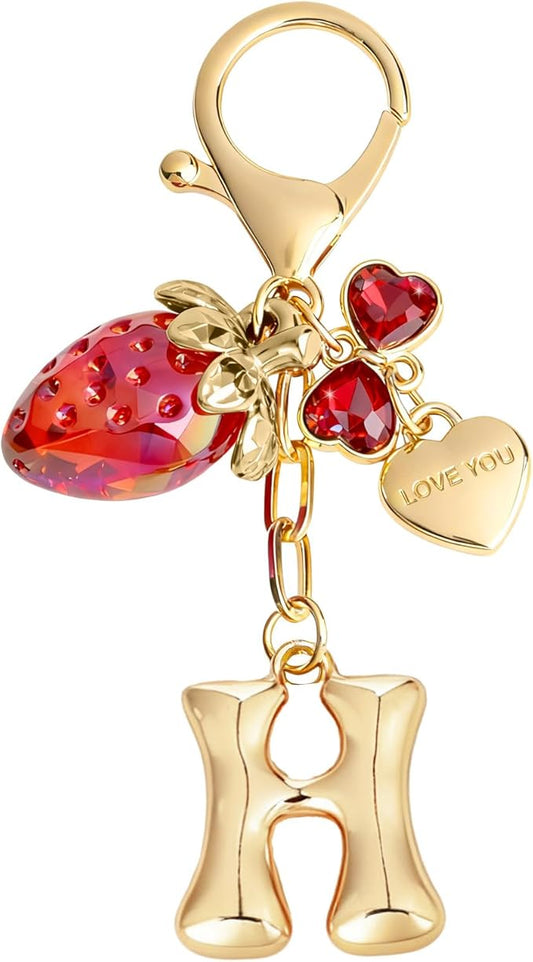 Snycler Bubble Initial Keychain with Strawberry & Bow- Gold Letter Bag Charms for Women, Cute Purse Handbag Accessories