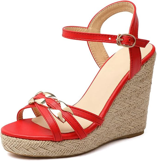 VOKLIN Women's Casual Espadrilles Wedge Sandals Open Toe Ankle Strap Metallic Chunky Platform Dressy Sandal