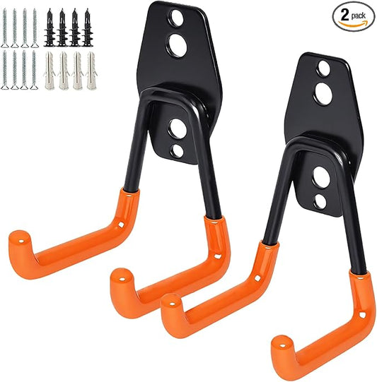 2 Pack Garage Storage Utility Hooks，Garage Garden Tool Organizer，Steel Wall Mount Hooks, Garden Small U Hooks (Orange)