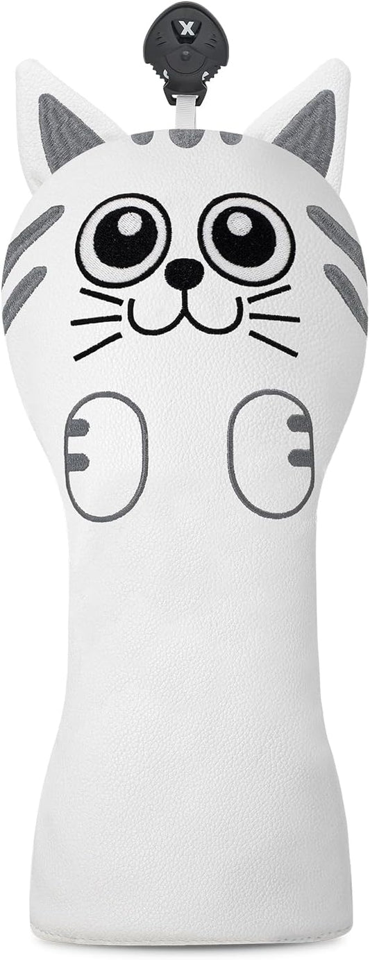 Golf Kitty Head Cover Golf Club White Leather Headcovers 1pc/4pcs Set Fits Driver Fairway Wood Hybrid Utility Putter Iron Wedge Headcover.