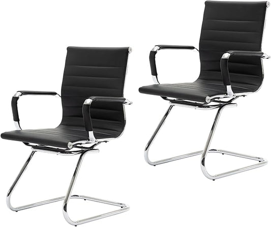 CIMOTA Waiting Room Chairs Leather Office Guest Chair Mid Back Reception Chairs with Sled Base for Meeting/Patient/Conference Room, Black Set of 2