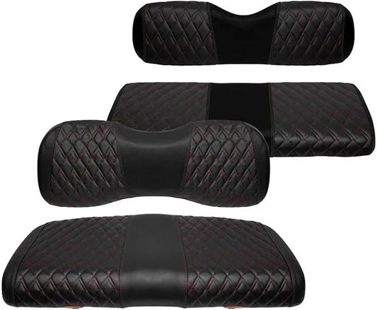 4PCS Golf Cart Diamond Seat Covers Kit, Fits Yamaha G29/Drive/Drive 2 2007+ Golf Cart Vinyl Replacement Seat Cover （Black Stitching, No Stapler, Easy to Clean）