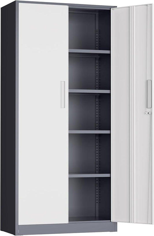 Incbruce 72” Metal Storage Cabinet, Garage Cabinets and Storage System with Doors and Shelves, Tall Lockable Tool Cabinet for Garage, Office, Home (Grey White)