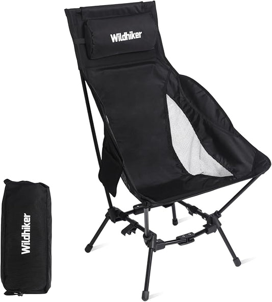 Wildhiker Portable High Back Folding Camping Chairs – Compact with Dual Sitting Modes, Pillow, Arm Pads and Side Pockets – Lightweight Chair for Motorcycle, RV, Festival, Travel – Black