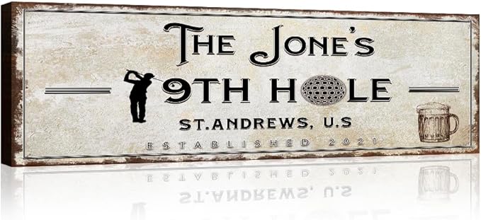 TAILORED CANVASES Golf Art Decor - Personalized Vintage Golf Wall Art Sign for Man Cave, Bedroom, Basement, Home Bar and Custom Gift for Husband, Dad, Wedding & Anniversary - 19th Hole Sign, 36"x12"