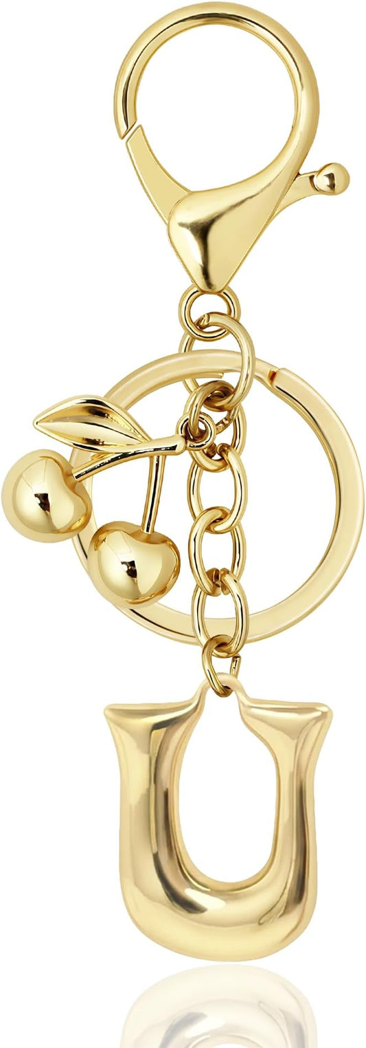 Gold Bubble Heart, Cherry, Bow & More Designs Letter Initial Keychain Bag Charms – Cute Purse Charms for Handbags