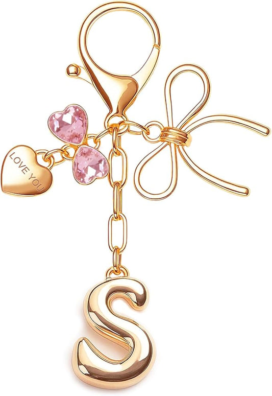 Gold Bubble Initial Keychain with Bow Decoration Bag Charms for Women, Cute Purse Handbag Accessories Gift