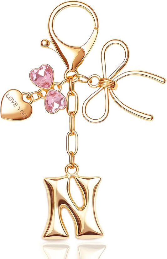 Gold Bubble Initial Keychain with Bow Decoration Bag Charms for Women, Cute Purse Handbag Accessories Gift