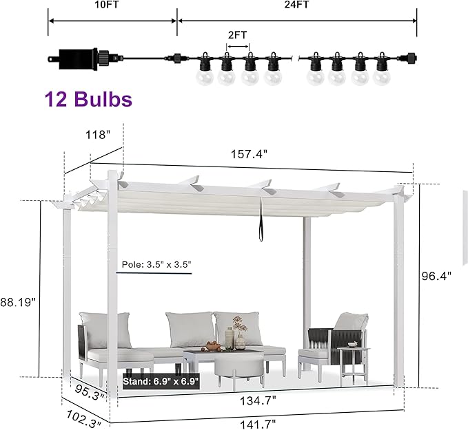 PURPLE LEAF Outdoor White Pergola 10' x 13' w/Lights - Image 2