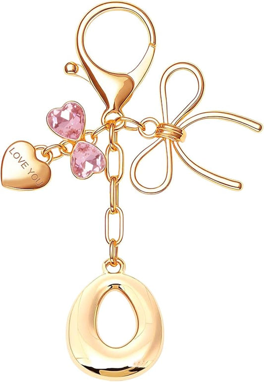 Gold Bubble Initial Keychain with Bow Decoration Bag Charms for Women, Cute Purse Handbag Accessories Gift